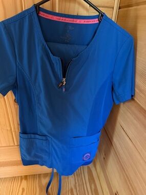 Koi Classic Short-Sleeve Zip Front Scrub Top in Electric Blue